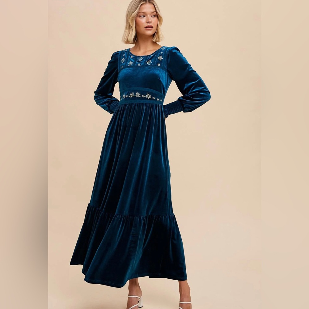 Embroidered velvet maxi dress